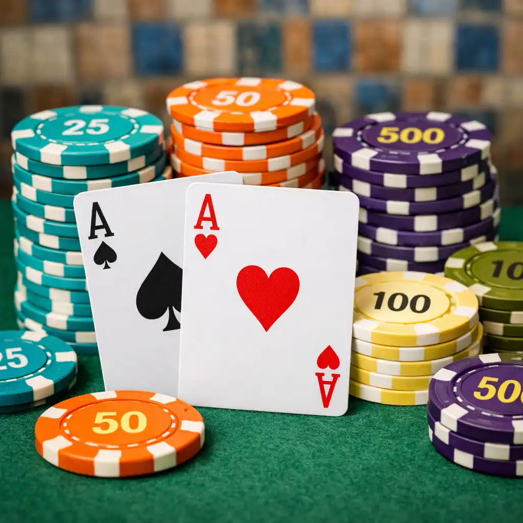 Detail fyzických pokerových karet a žetonů v barvách palety na stole s rozmazaným dlaždicovým pozadím