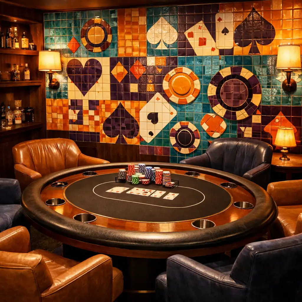 Interiér Card Lounge s pokerovým stolem, pohodlnými křesly a keramickými dlaždicemi v tyrkysové, mandarinkové a švestkové barvě