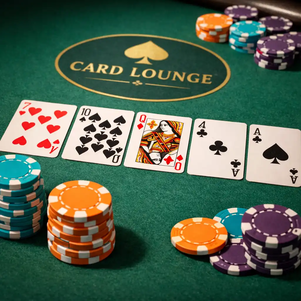 Detail pokerového stolu s plstěným povrchem, kartami a žetony v barvách tyrkysové, mandarinkové a švestkové