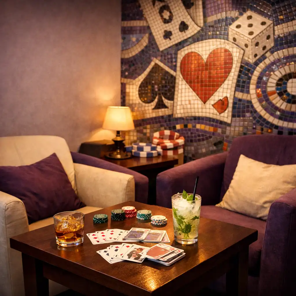 Útulné posezení v Card Lounge s karetními stolky a dekoracemi v dlaždicovém stylu