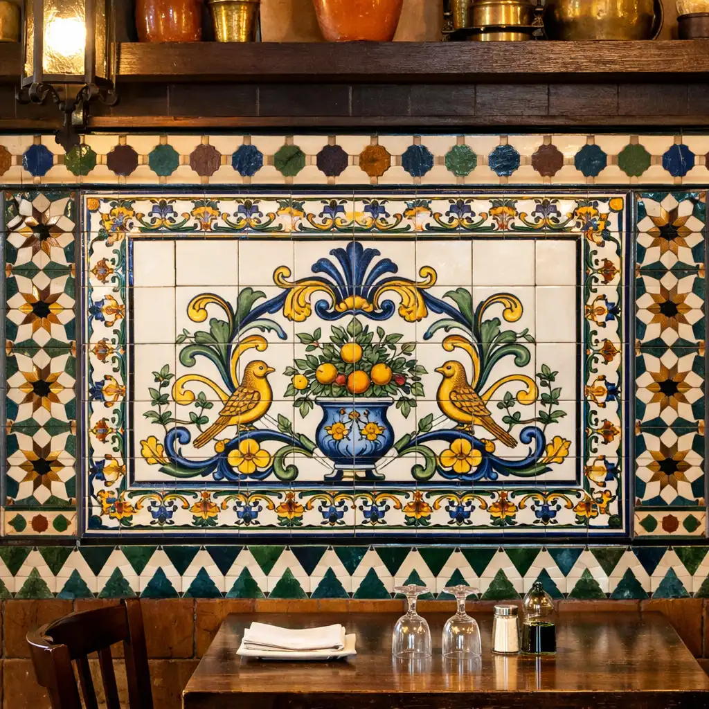 Fotografie interiéru restaurace s dlaždicovou výzdobou