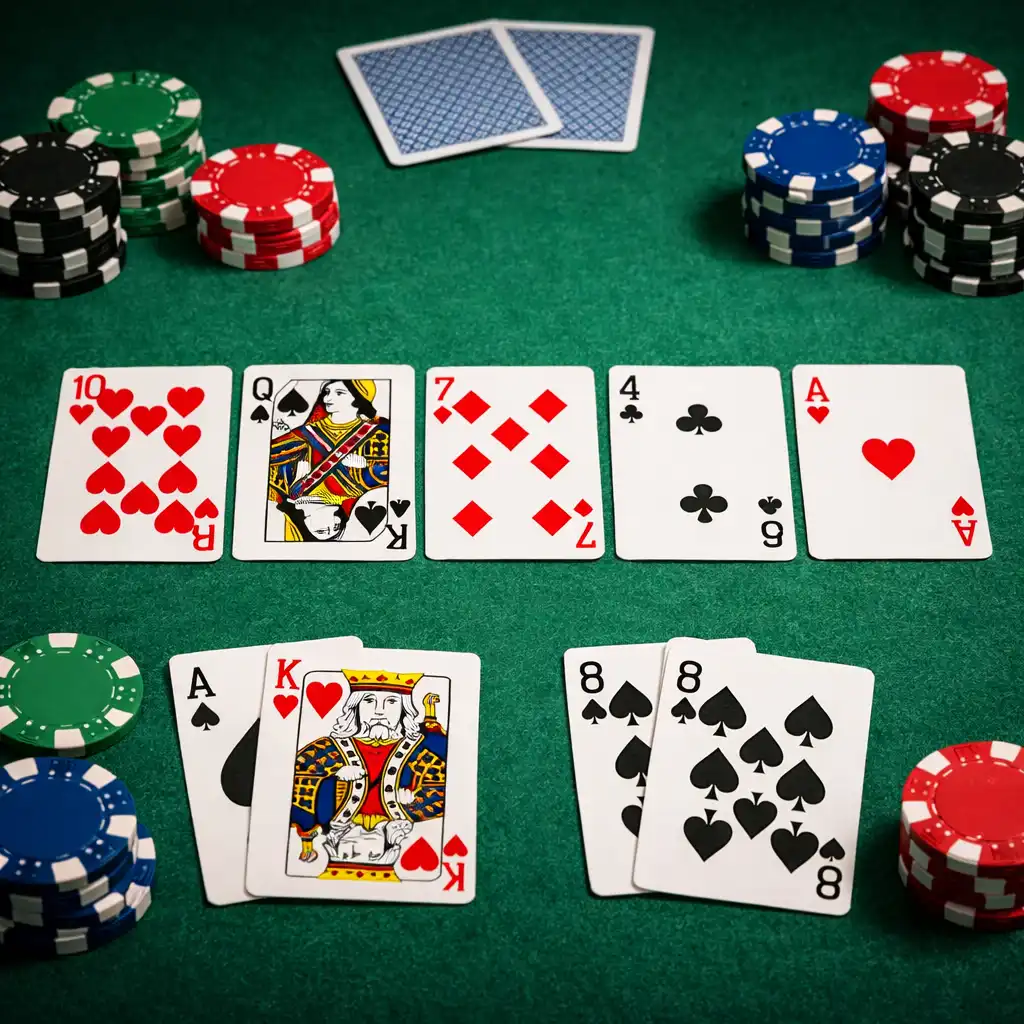 Fotografie pokerového stolu s kartami a žetony
