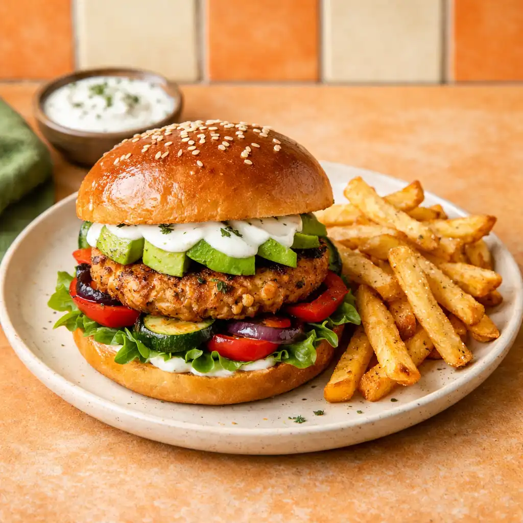 Vegetariánský burger s cizrnou, avokádem a jogurtovým dipem