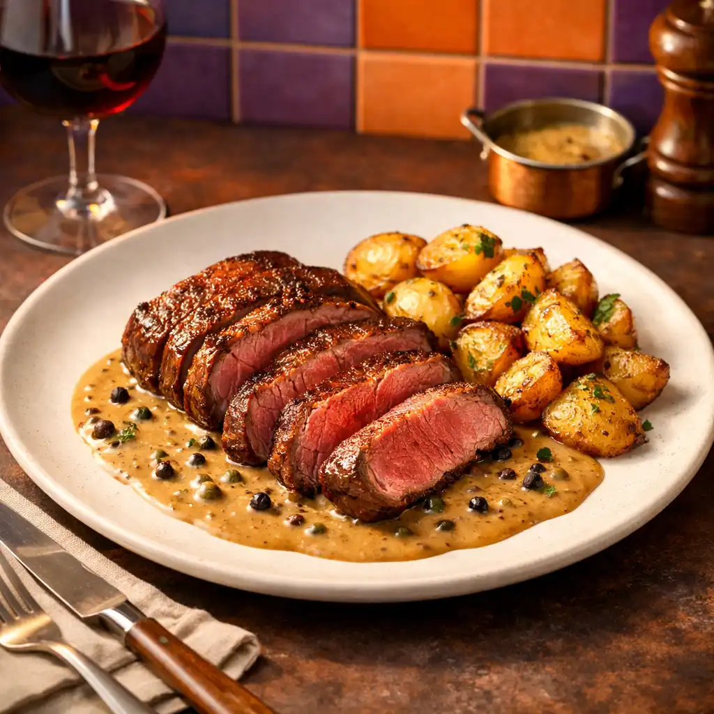 Steak z hovězí svíčkové s pepřovou omáčkou a restovanými bramborami