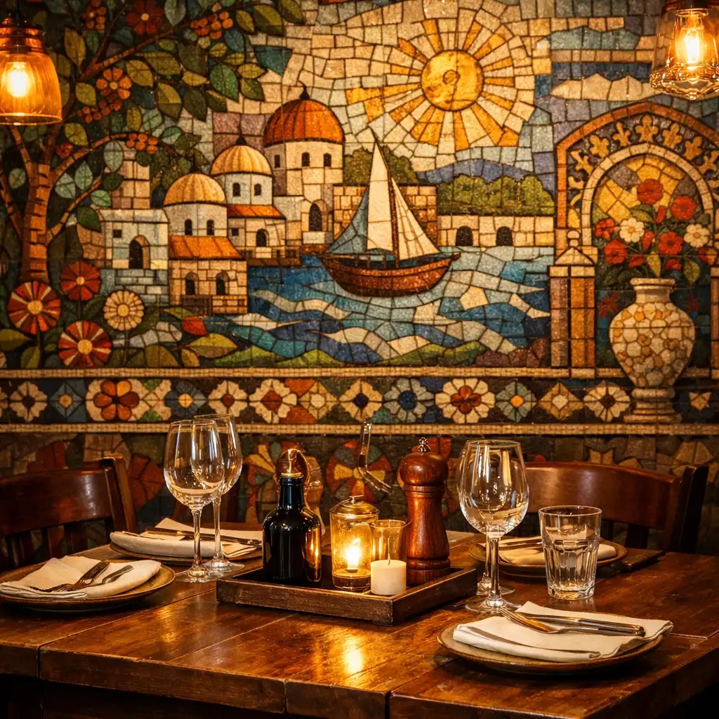 Detail interiéru restaurace s keramickou mozaikou a prostřeným stolem