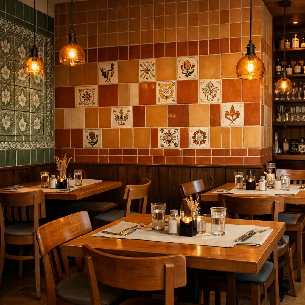 Interiér restaurace Chutný Koutek s keramickými dlaždicemi a teplým osvětlením
