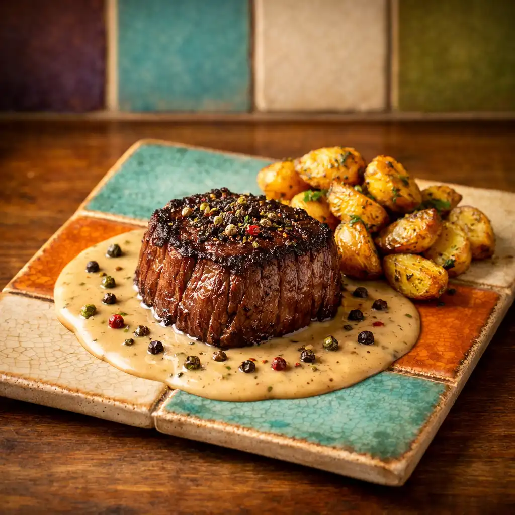 Šťavnatý steak z hovězí svíčkové s pepřovou omáčkou a restovanými bramborami na keramickém talíři