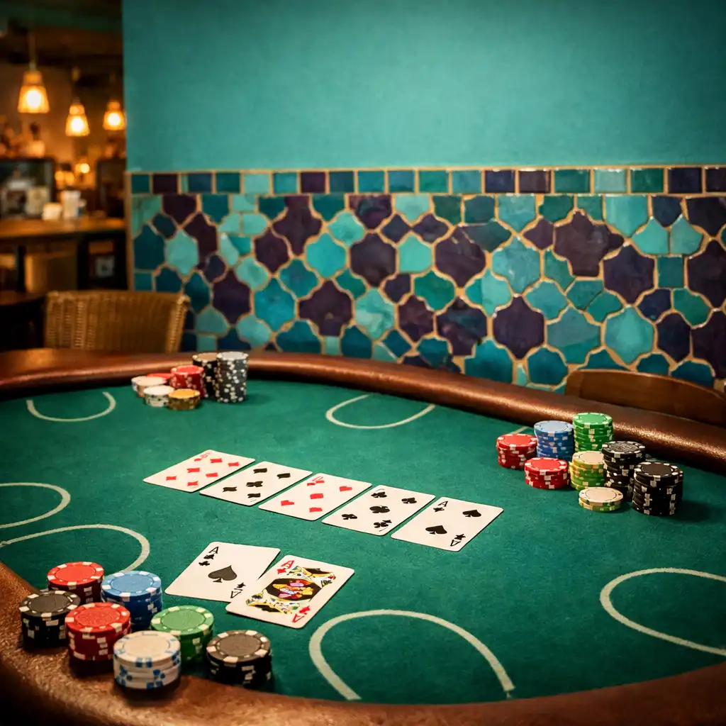 Profesionální pokerový stůl s kartami a žetony v Poker Room restaurace Chutný Koutek