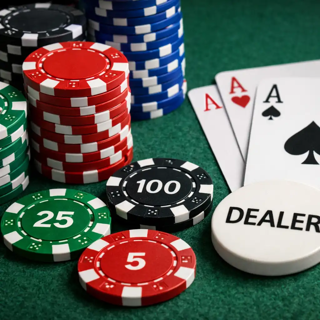 Detail pokerového stolu s žetony, kartami a dealer buttonem