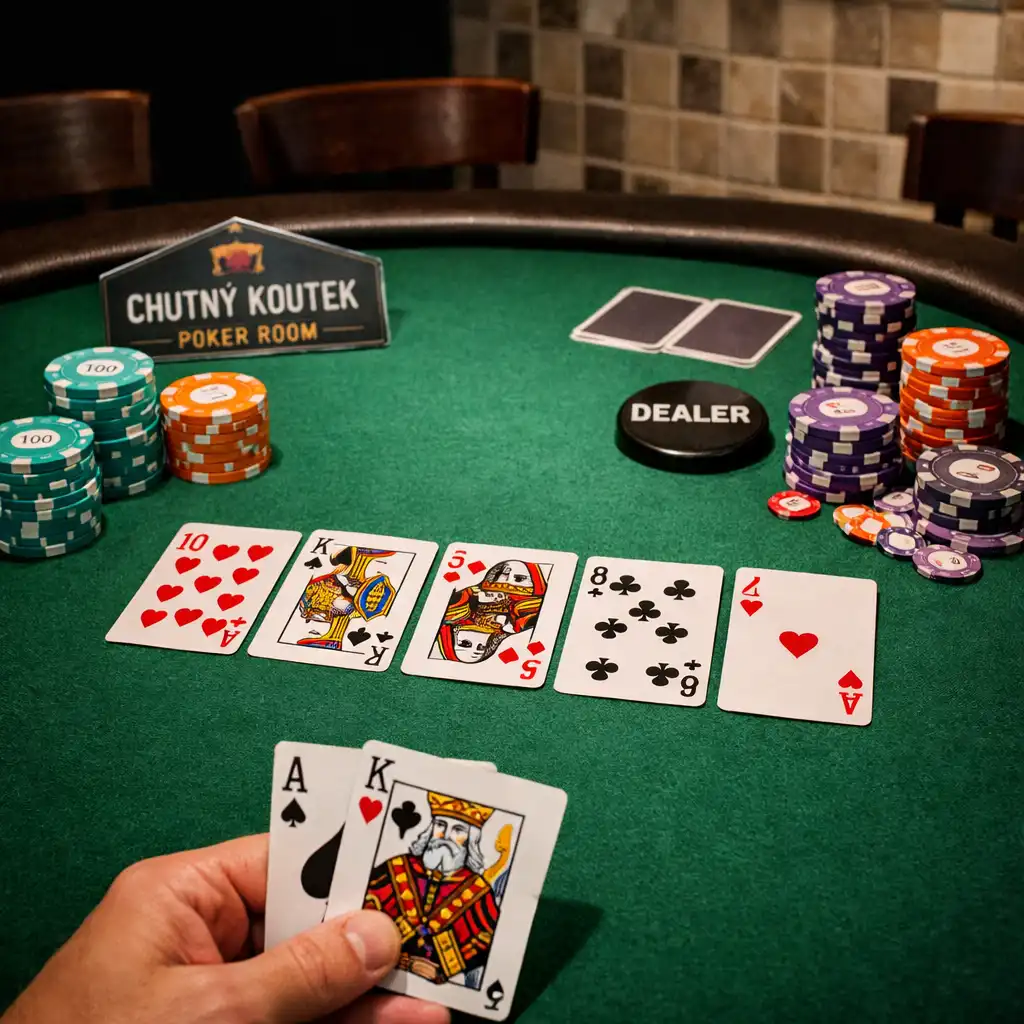 Profesionální pokerový stůl s plstěným povrchem, žetony a kartami