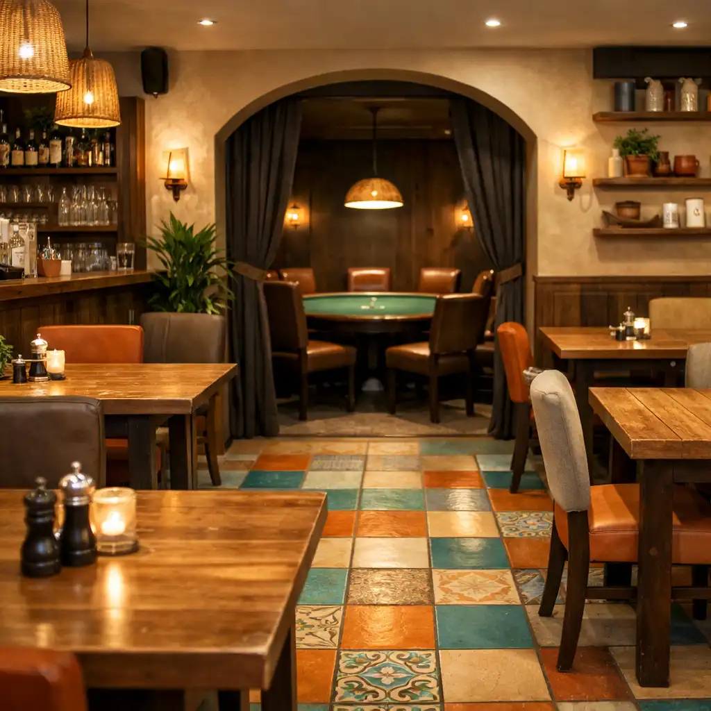 Interiér restaurace Chutný Koutek s teplou atmosférou, dřevěnými stoly a keramickými dlaždicemi