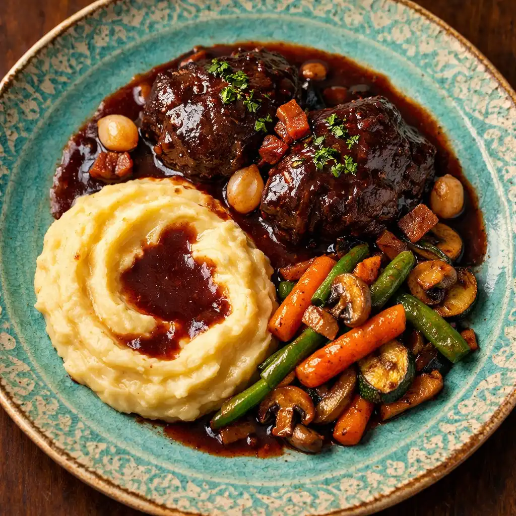 Hovězí líčka na víně s bramborovou kaší a restovanou zeleninou