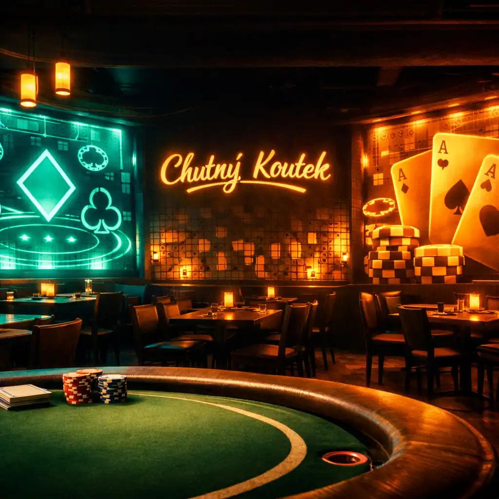 Večerní interiér restaurace Chutný Koutek se světelnými panely a abstraktními motivy karet a žetonů